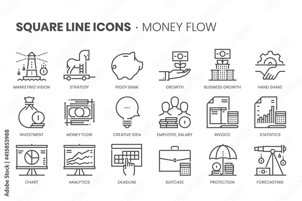Money flow, square line icon set