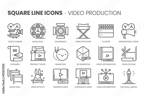 Video production, square line icon set