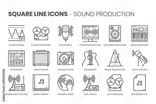 Music production, square line icon set
