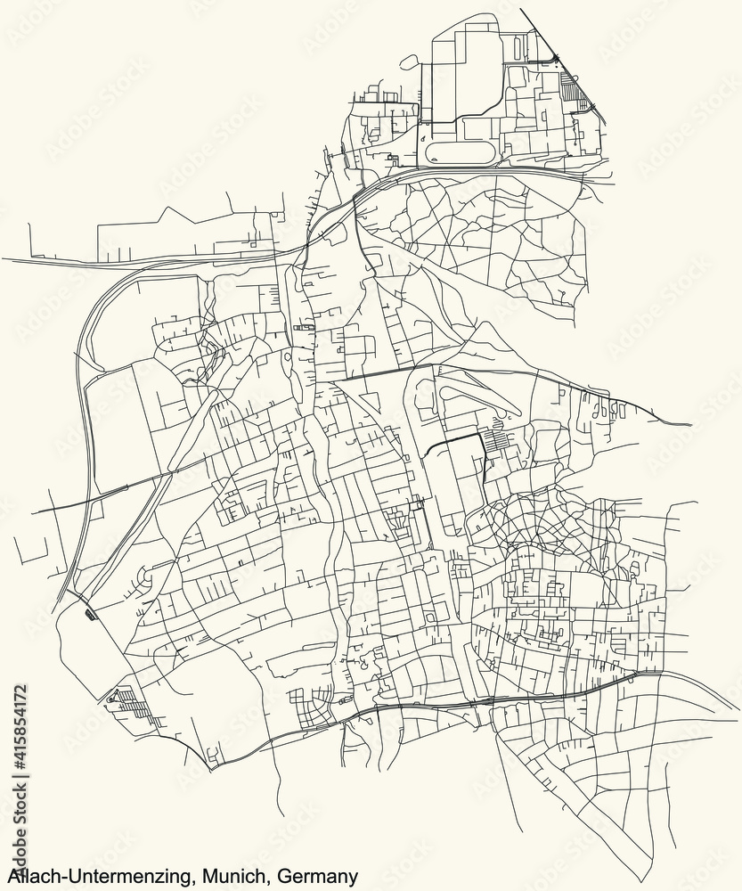 Black simple detailed street roads map on vintage beige background of the quarter Allach-Untermenzing borough (Stadtbezirk) of Munich, Germany