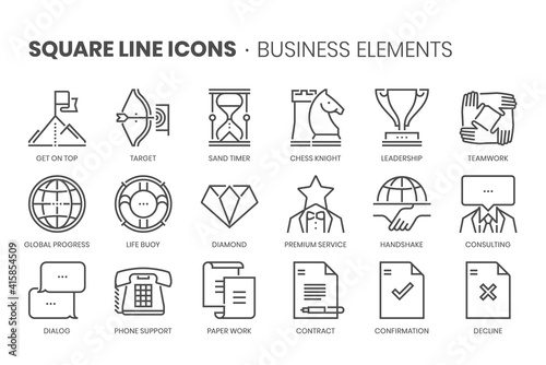 Business elements, square line icon set. The illustrations are a vector, editable stroke, thirty-two by thirty-two matrix grid, pixel perfect files.