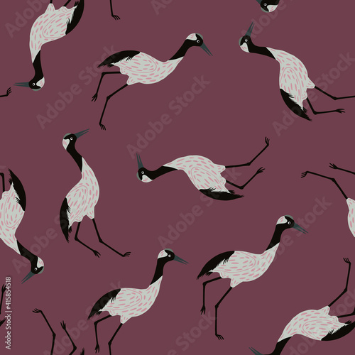 Doodle seamless pattern with grey colored crane bird silhouettes print. Pale maroon background.