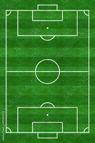 Soccer field. Football stadium. Vertical background of green grass painted with line. Sport play. Overhead view. Pitch green. Ground pattern texture. Playground top plan. Fotball court. Vector