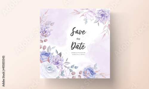 Beautiful wedding invitation card with purple flowers