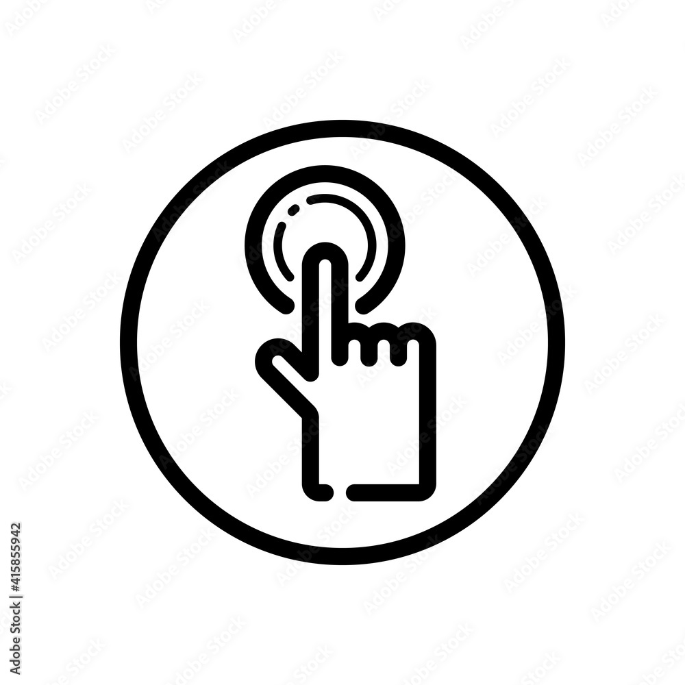 Hand selecting button. Finger touch and press the item. Commerce outline icon in a circle. Vector illustration Hand selecting button. Finger touch and press the item. Commerce outline icon in a circle. Vector illustration