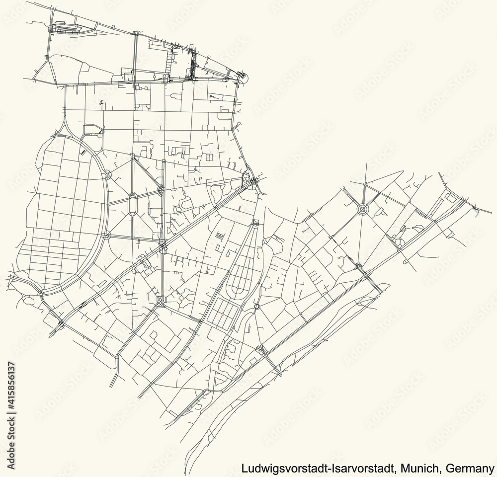 Black simple detailed street roads map on vintage beige background of the quarter Ludwigsvorstadt-Isarvorstadt borough (Stadtbezirk) of Munich, Germany