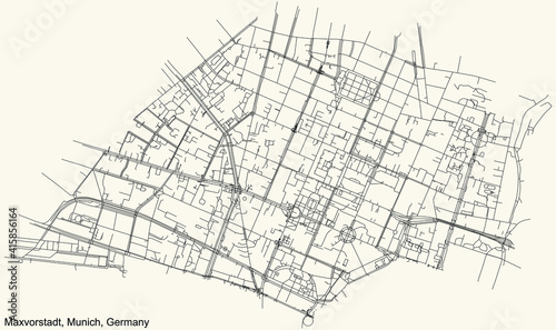 Black simple detailed street roads map on vintage beige background of the quarter Maxvorstadt borough  Stadtbezirk  of Munich  Germany