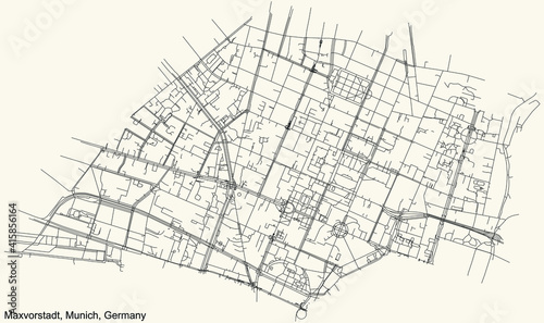 Black simple detailed street roads map on vintage beige background of the quarter Maxvorstadt borough (Stadtbezirk) of Munich, Germany