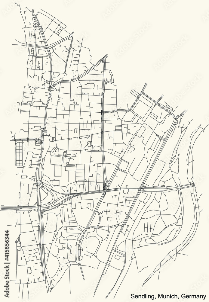 Black simple detailed street roads map on vintage beige background of the quarter Sendling borough (Stadtbezirk) of Munich, Germany