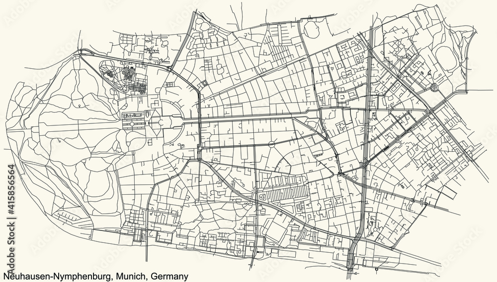 Black simple detailed street roads map on vintage beige background of the quarter Neuhausen-Nymphenburg borough (Stadtbezirk) of Munich, Germany
