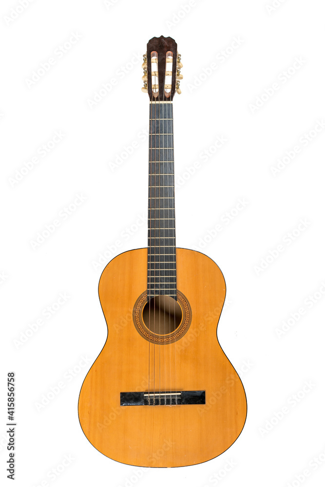 Classical acoustic six-string guitar isolated on white background
