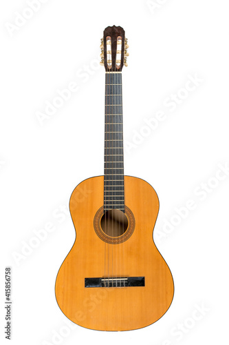 Classical acoustic six-string guitar isolated on white background