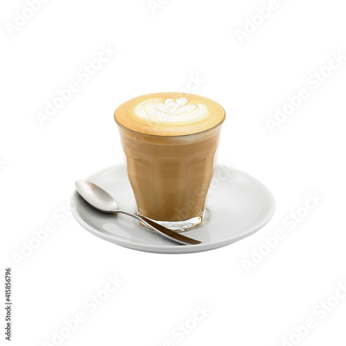 Hot caffe latte coffee with latte art tulip in a glass isolated on white background with clipping path.