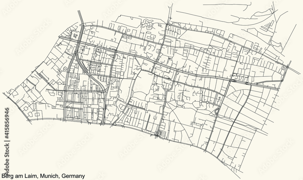 Black simple detailed street roads map on vintage beige background of the quarter Berg am Laim borough (Stadtbezirk) of Munich, Germany