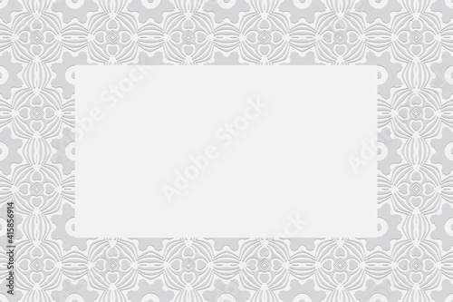 Geometric convex volumetric 3D pattern with a relief ornament from ethnic elements and original figures in the style of the peoples of Africa, Mexico, India on a white background with a frame for text