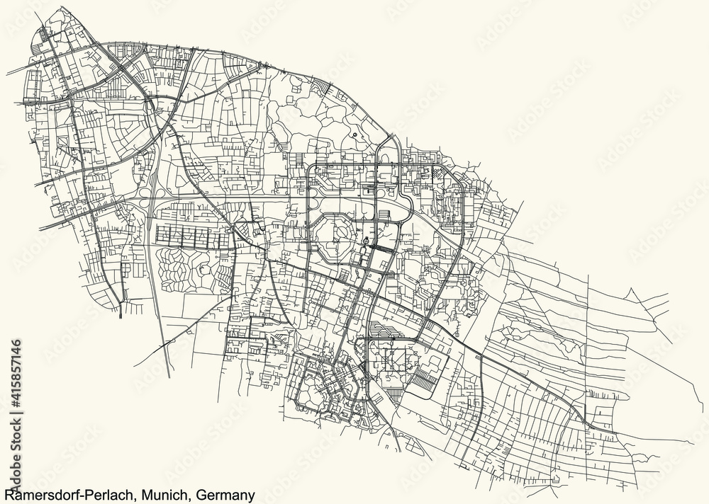 Naklejka premium Black simple detailed street roads map on vintage beige background of the quarter Ramersdorf-Perlach borough (Stadtbezirk) of Munich, Germany