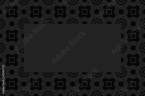 Geometric convex volumetric 3D pattern with a relief ornament from ethnic elements in African style on a black background with a frame for text.