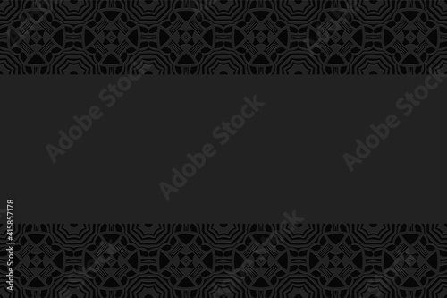 Geometric convex volumetric 3D pattern with a relief ornament from ethnic African elements on a black background with horizontal inserts for presentations.