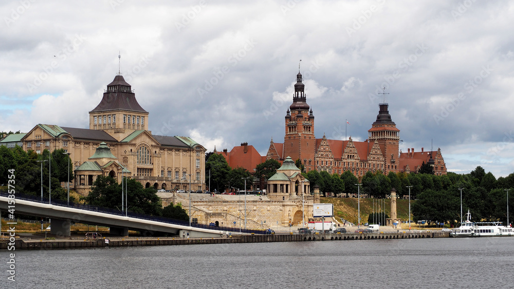 view of the shore of Szczecin from the Odra River on a sunny summer day
