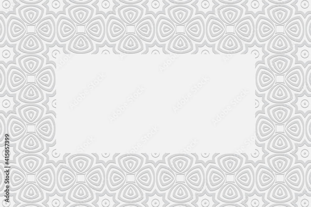 Geometric convex volumetric 3D pattern with a relief ornament of ethnic elements and original flowers in the style of doodling on a white background with a frame for text.