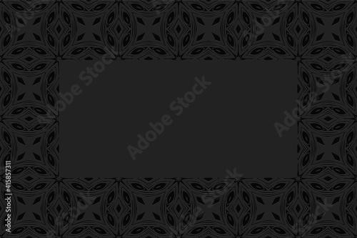 Geometric convex volumetric 3D pattern with artistic relief ornament from ethnic unique elements on a black background with a frame for text.
