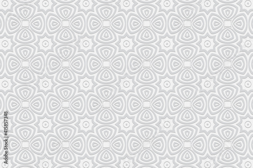 Geometric convex volumetric 3D pattern with a relief ornament from ethnic elements and original flowers in doodling style on a white background.