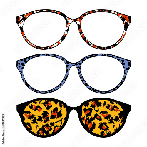 Group of three pairs of glasses with animal print. Vector illustration for advertisements and posters.