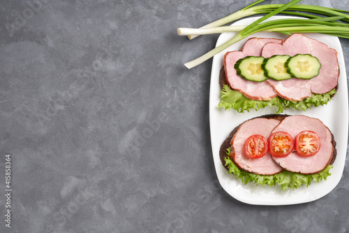Two sandwiches with ham, cucumber and cherry tomato on a white plate on a gray background. Green onion feathers. Copy space.