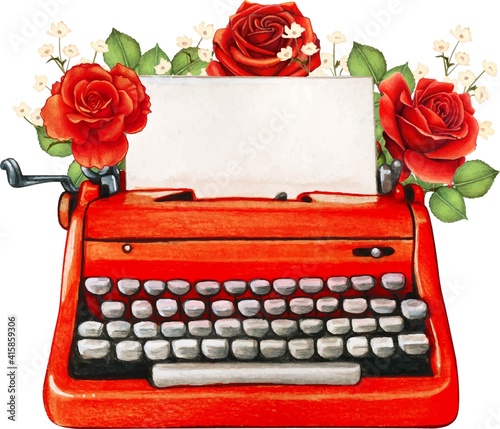 Vintage watercolor red typewriter and roses