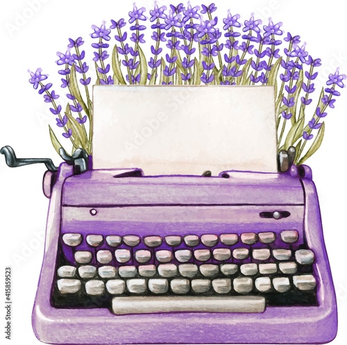 Vintage watercolor lavender typewriter blank sheet photo