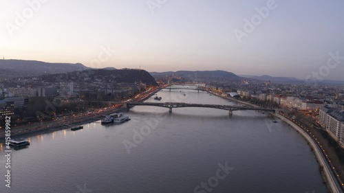 Budapest twilight drone areial view over the river Danube, view on Gellert Hill