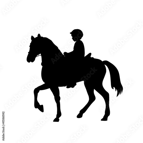 Silhouette boy rider horseback equitation.