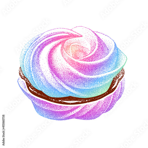 airy french meringue shell pink, marshmallow, zephyr, chocolate layer. vector Illustration in graphic vintage retro style. sweetness, cake, dessert.
