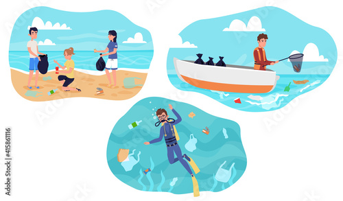 Collection of sea coast with plastic trash and rubbish.