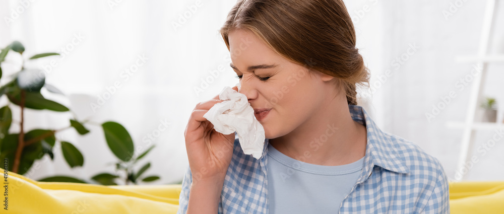 Woman with allergy having snuffle at home, banner Woman with allergy having snuffle at home, banner