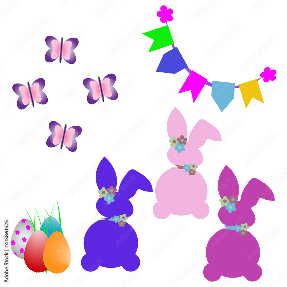 Creative minimal Happy Easter design the rabbit pink,rabbit blu,  inside of home line with colorful eggs around the composition shows message Happy easter and stay home. Flower,flag,set.Beautiful .
