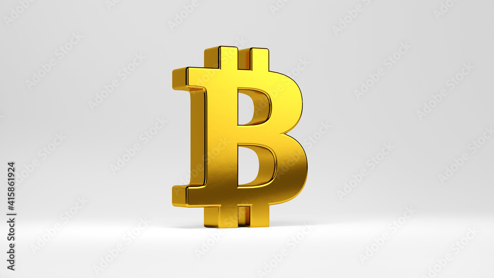 Obraz premium Golden Bitcoin symbol isolated on a white background. 3D rendering. Cryptocurrency coin logo, 2p2 exchange, blockchain technology