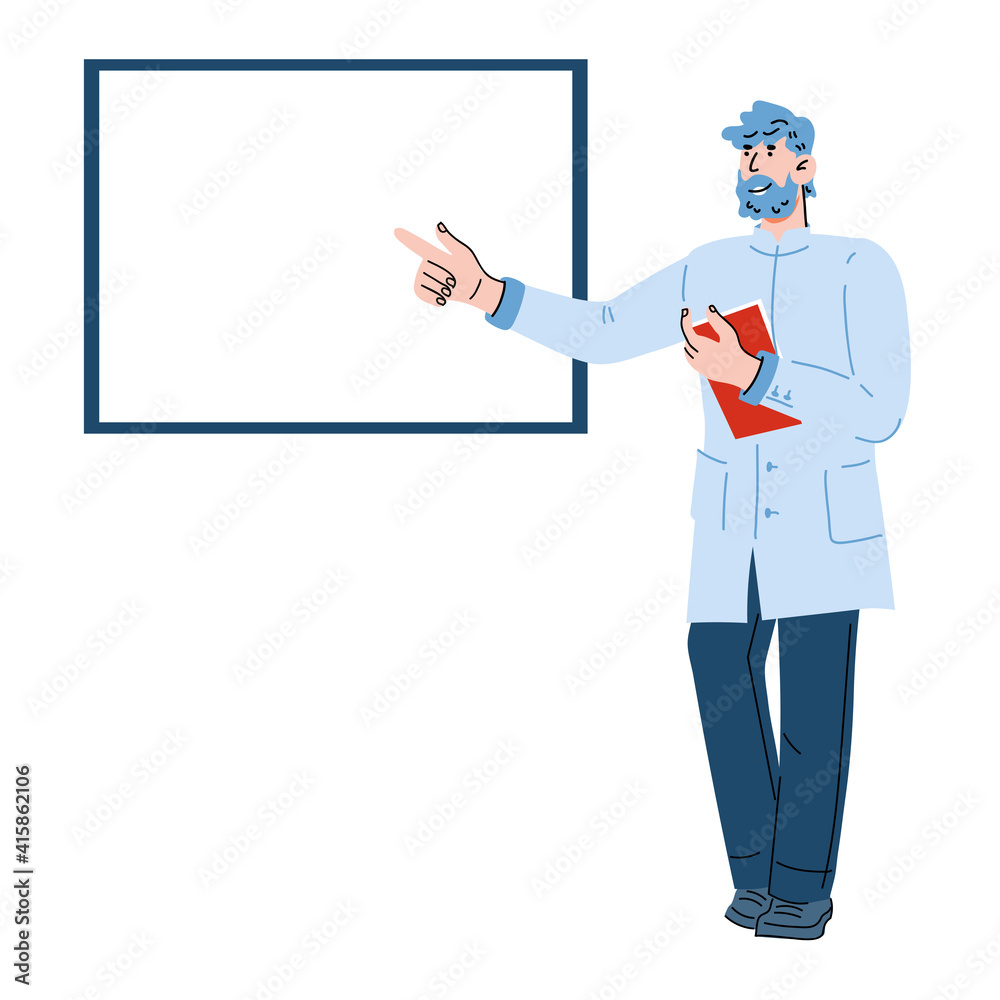 Doctor or pharmacist male cartoon character in uniform white coat pointing at blank banner with copy space, cartoon vector illustration isolated on white background. Doctor or pharmacist male cartoon character in uniform white coat pointing at blank banner with copy space, cartoon vector illustration isolated on white background.