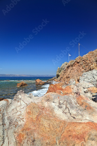 Volcanic soil at the coast of Eftalou  in Lesvos island  Aegean Sea  Greece  Europe. Lesvos is an island created of volcanic eruptions millions of years ago and volcanic rocks and almost everywhere 