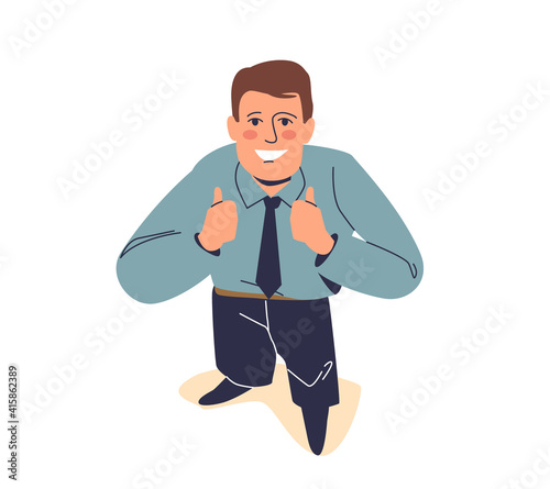 Happy businessman looking up and showing thumb up gesture. Cartoon business man view from above