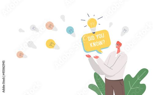 Did You Know Announcement, Man with Speech Bubble and Glowing Light Bulbs Representing Explanation of Interesting Facts