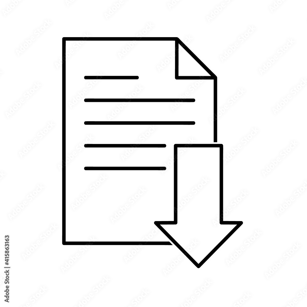 Document with downloading arrow that point down flat icon. Pictogram for web. Line stroke. Isolated on white background. Vector eps10 Document with downloading arrow that point down flat icon. Pictogram for web. Line stroke. Isolated on white background. Vector eps10