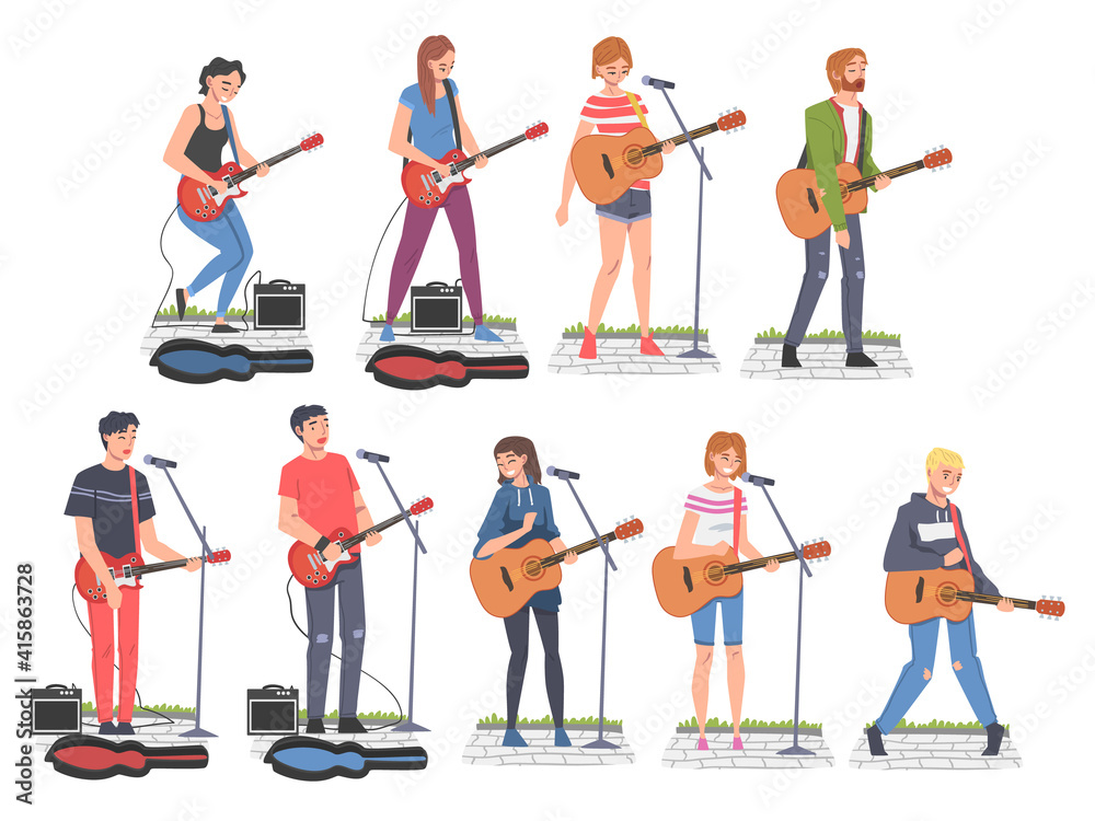 People Street Musicians Characters Playing Guitars Set, Live Performance Cartoon Style Vector Illustration