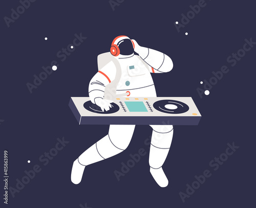 Astronaut dj dancing at turntable in space over galaxy and stars background
