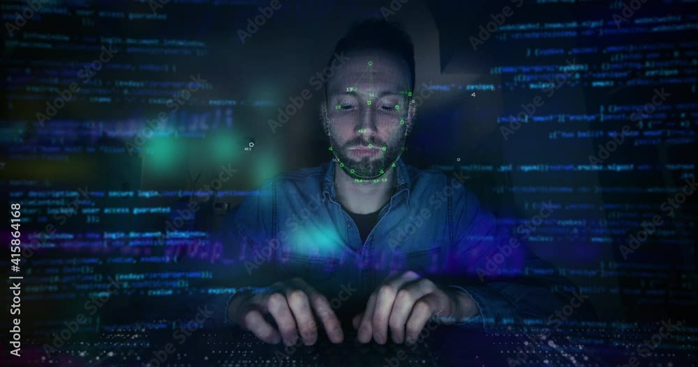 Cinematic shot of programer or hacker with cyber identification using latest innovative sophisticated technology display application with augmented reality holograms for realization of new codeproject