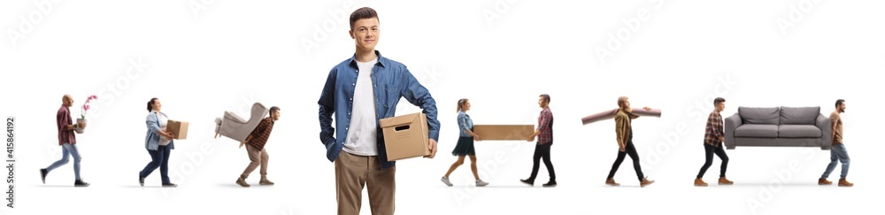 Young people moving homes, carrying items and a guy with a box in the front Young people moving homes, carrying items and a guy with a box in the front