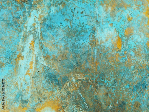 Abstract colored background. Color stains, stains, rust, paint drops, scuffs, scratches. Blue, green, orange, grey wallpaper.