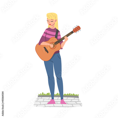 Cheerful Girl Street Guitarist Character Playing Acoustic Guitar, Live Performance Concept Cartoon Style Vector Illustration