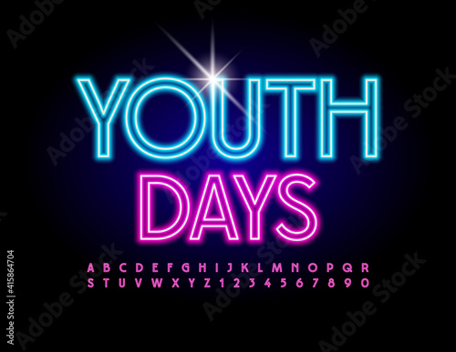 Vector bright flyer Youth Days. Pink Illuminated Font. Neon electric Alphabet Letters and Numbers set