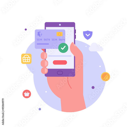 Hand holds a phone with received confirmation of payment. Online mobile payment and banking service. Concept of payment approved, payment done. Vector illustration in flat design for web banner